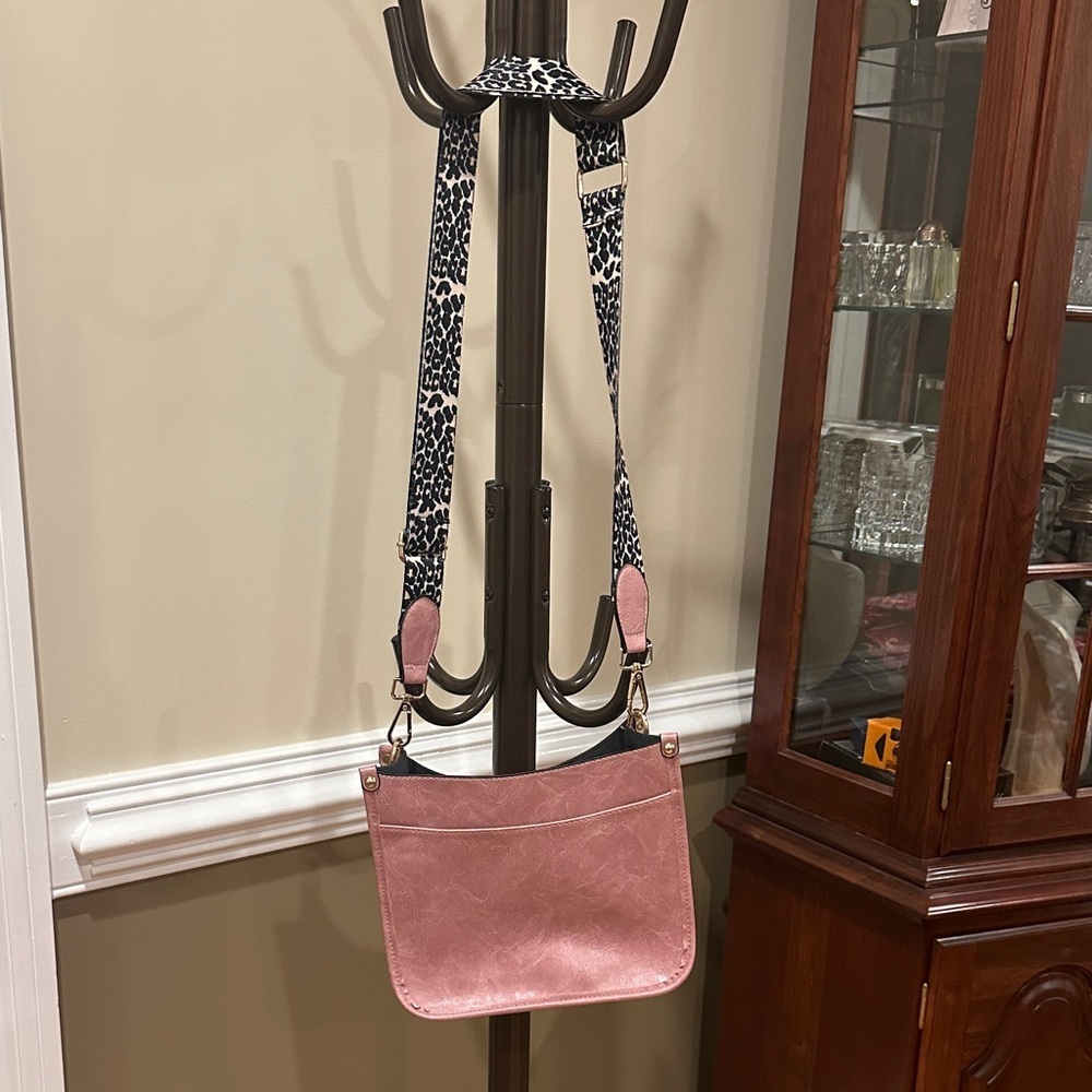 Pink Crossbody Bag with Animal Print Strap - Picture 3 of 5